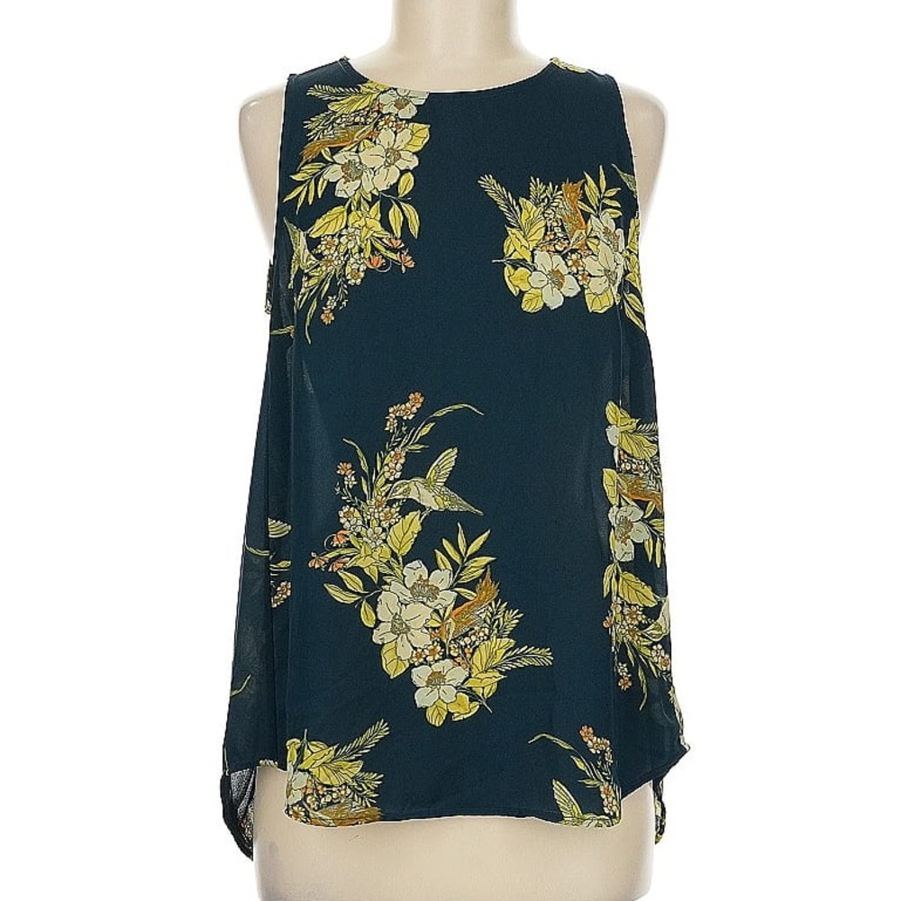 Daniel Rainn Sleeveless Shell Tank Dark Green Gold Floral Birds M